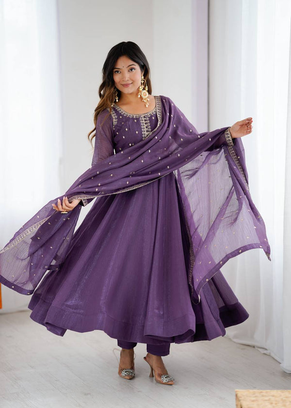Purple Heavy Pure Crunchy Silk Embroidered Anarkali Gown Set with 4-Meter Flair & Fancy Dupatta ClothsVilla