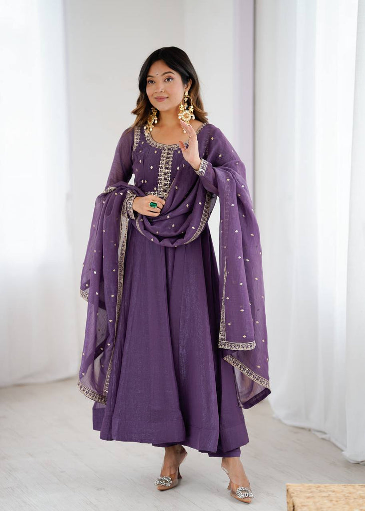 Purple Heavy Pure Crunchy Silk Embroidered Anarkali Gown Set with 4-Meter Flair & Fancy Dupatta ClothsVilla