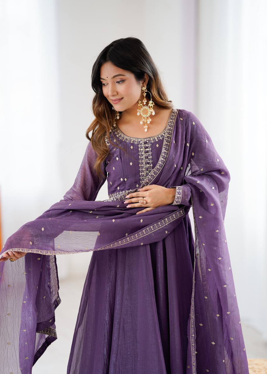 Purple Heavy Pure Crunchy Silk Embroidered Anarkali Gown Set with 4-Meter Flair & Fancy Dupatta ClothsVilla