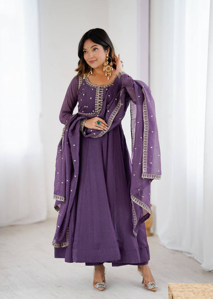 Purple Heavy Pure Crunchy Silk Embroidered Anarkali Gown Set with 4-Meter Flair & Fancy Dupatta ClothsVilla