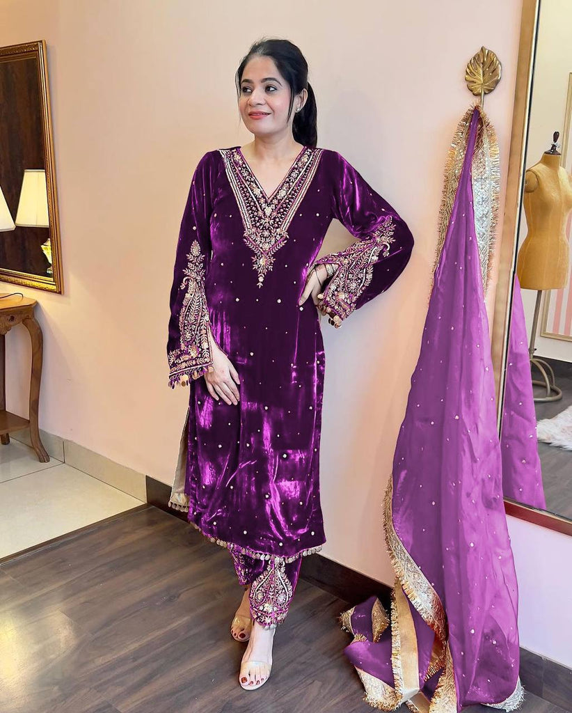 Purple Heavy Pure Viscose Velvet Top with Plazzo & Dupatta Set - Embroidery, Sequence Work, and Rivet Moti Accents ClothsVilla