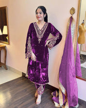 Load image into Gallery viewer, Purple Heavy Pure Viscose Velvet Top with Plazzo &amp; Dupatta Set - Embroidery, Sequence Work, and Rivet Moti Accents ClothsVilla