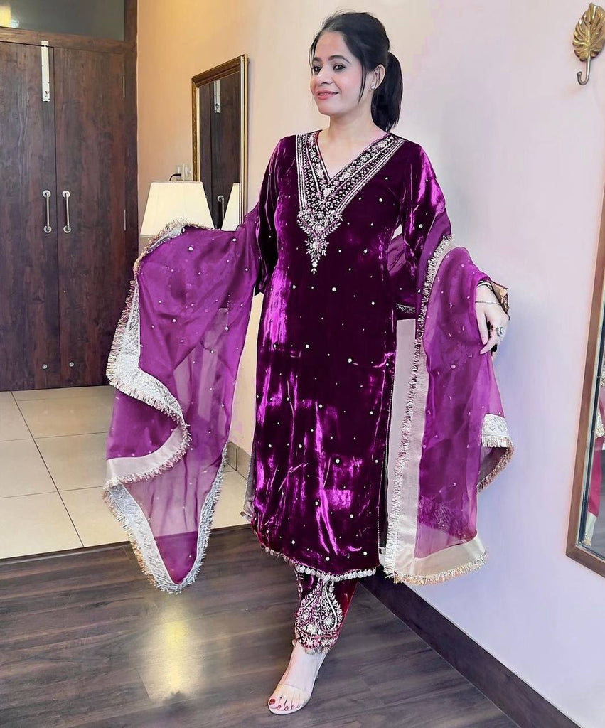 Purple Heavy Pure Viscose Velvet Top with Plazzo & Dupatta Set - Embroidery, Sequence Work, and Rivet Moti Accents ClothsVilla