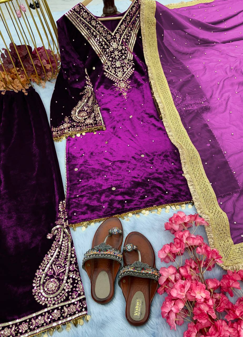 Purple Heavy Pure Viscose Velvet Top with Plazzo & Dupatta Set - Embroidery, Sequence Work, and Rivet Moti Accents ClothsVilla