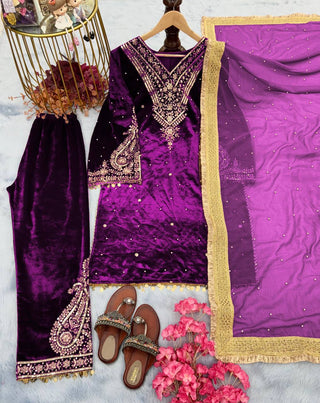 Purple Heavy Pure Viscose Velvet Top with Plazzo & Dupatta Set - Embroidery, Sequence Work, and Rivet Moti Accents ClothsVilla
