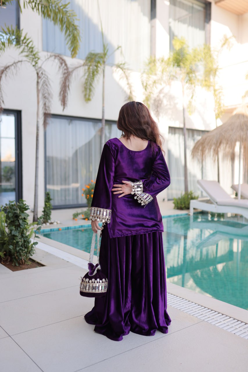 Purple Ice Velvet Zari & Real Mirror Embroidered Kurta Palazzo Set with Bell Sleeves & Matching Batwa – Fully Stitched Festive & Party Wear ClothsVilla