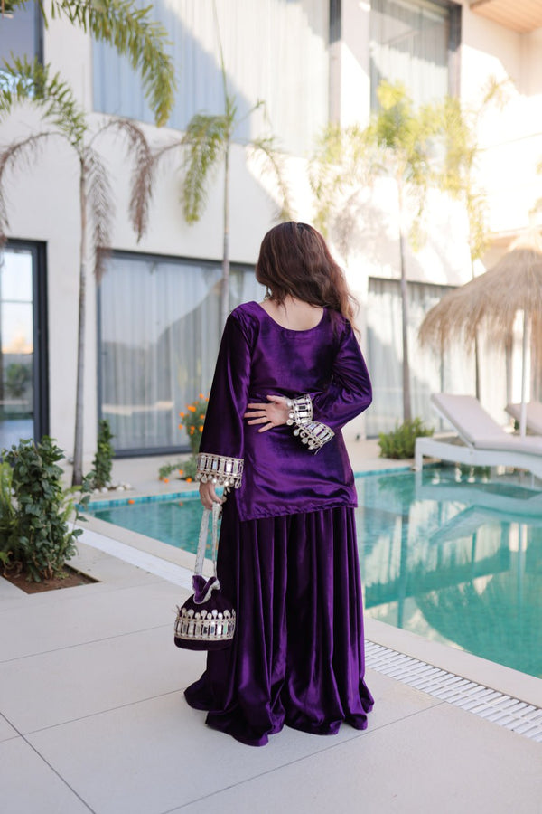 Purple Ice Velvet Zari & Real Mirror Embroidered Kurta Palazzo Set with Bell Sleeves & Matching Batwa – Fully Stitched Festive & Party Wear ClothsVilla