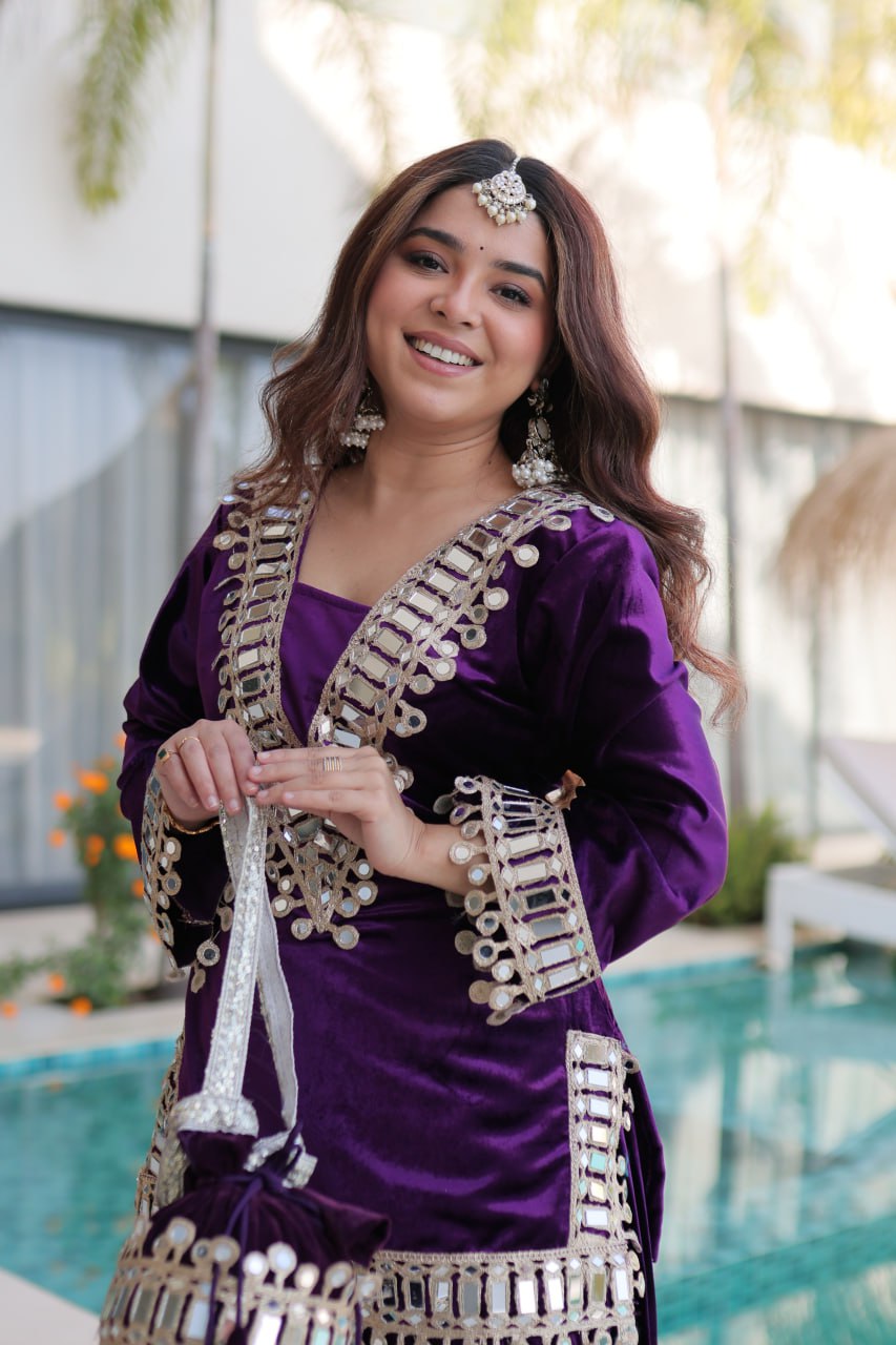 Purple Ice Velvet Zari & Real Mirror Embroidered Kurta Palazzo Set with Bell Sleeves & Matching Batwa – Fully Stitched Festive & Party Wear ClothsVilla