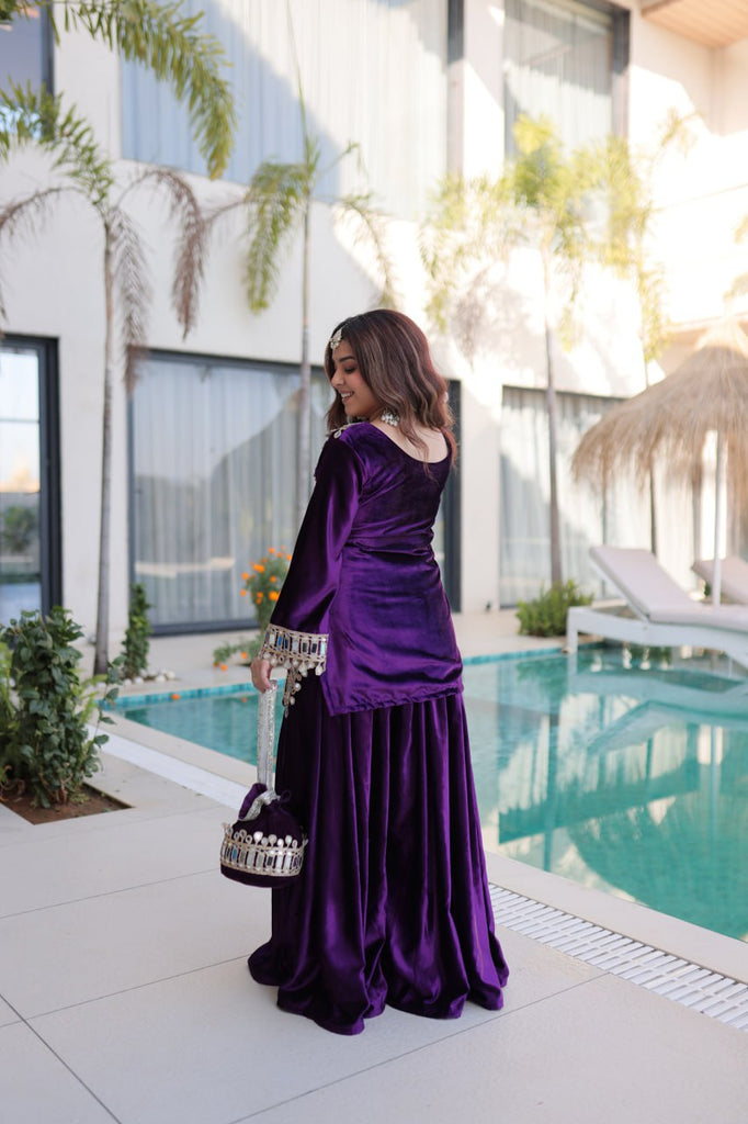 Purple Ice Velvet Zari & Real Mirror Embroidered Kurta Palazzo Set with Bell Sleeves & Matching Batwa – Fully Stitched Festive & Party Wear ClothsVilla