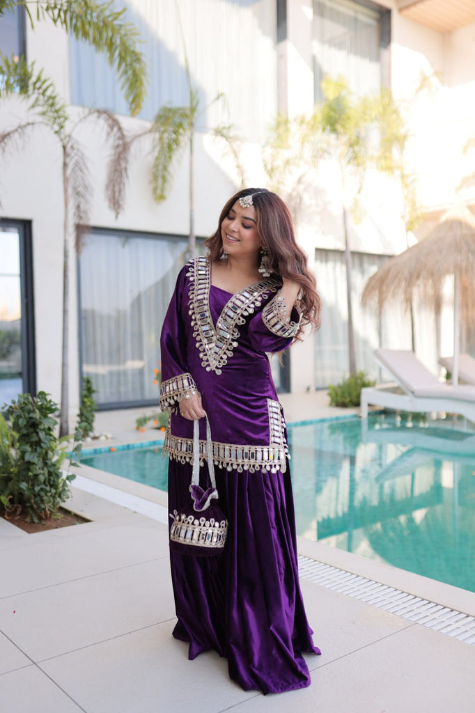 Purple Ice Velvet Zari & Real Mirror Embroidered Kurta Palazzo Set with Bell Sleeves & Matching Batwa – Fully Stitched Festive & Party Wear ClothsVilla