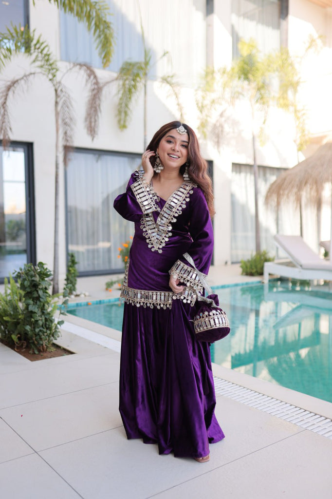 Purple Ice Velvet Zari & Real Mirror Embroidered Kurta Palazzo Set with Bell Sleeves & Matching Batwa – Fully Stitched Festive & Party Wear ClothsVilla