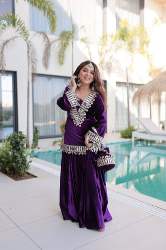 Purple Ice Velvet Zari & Real Mirror Embroidered Kurta Palazzo Set with Bell Sleeves & Matching Batwa – Fully Stitched Festive & Party Wear ClothsVilla
