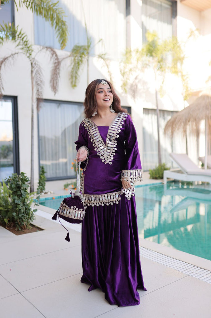 Purple Ice Velvet Zari & Real Mirror Embroidered Kurta Palazzo Set with Bell Sleeves & Matching Batwa – Fully Stitched Festive & Party Wear ClothsVilla