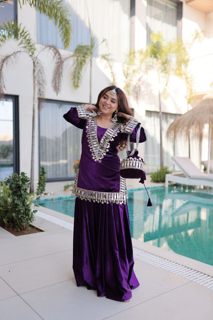 Purple Ice Velvet Zari & Real Mirror Embroidered Kurta Palazzo Set with Bell Sleeves & Matching Batwa – Fully Stitched Festive & Party Wear ClothsVilla