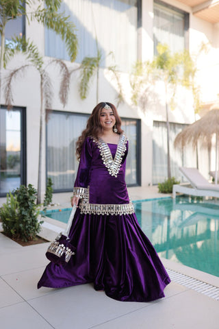 Purple Ice Velvet Zari & Real Mirror Embroidered Kurta Palazzo Set with Bell Sleeves & Matching Batwa – Fully Stitched Festive & Party Wear ClothsVilla