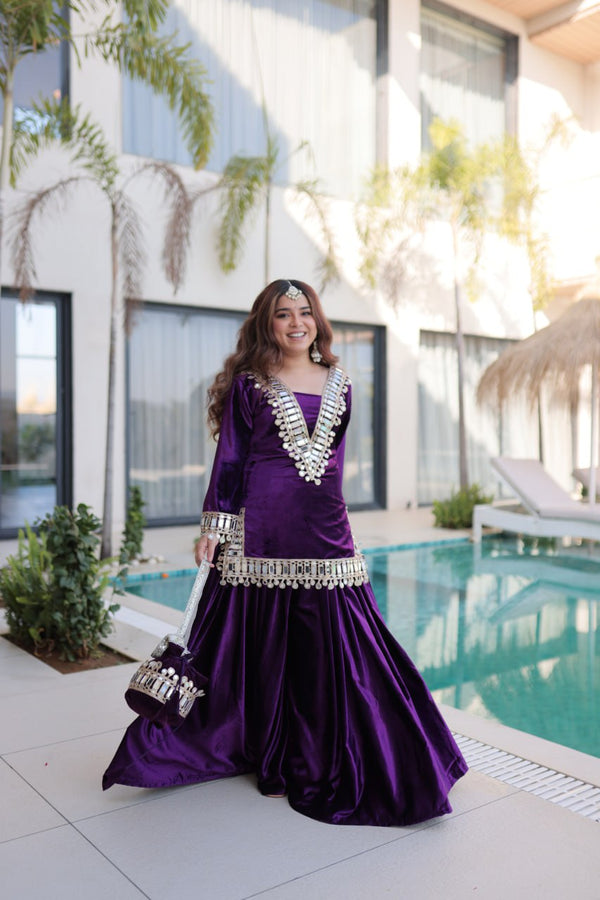 Purple Ice Velvet Zari & Real Mirror Embroidered Kurta Palazzo Set with Bell Sleeves & Matching Batwa – Fully Stitched Festive & Party Wear ClothsVilla