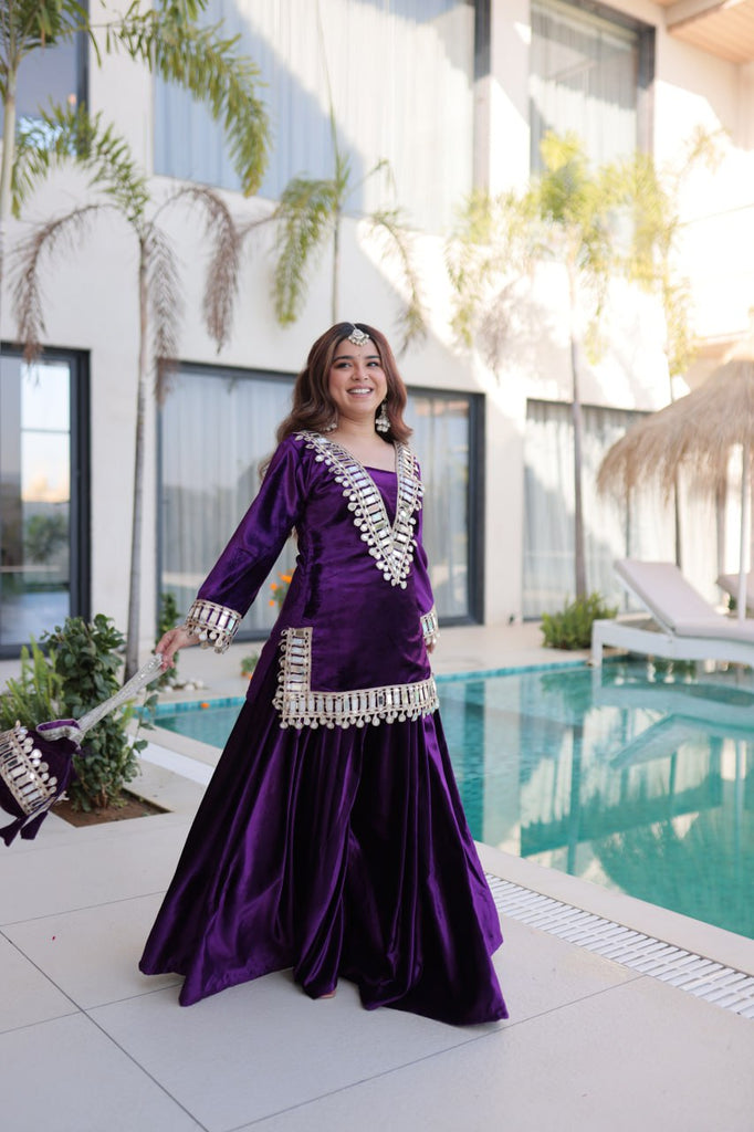Purple Ice Velvet Zari & Real Mirror Embroidered Kurta Palazzo Set with Bell Sleeves & Matching Batwa – Fully Stitched Festive & Party Wear ClothsVilla