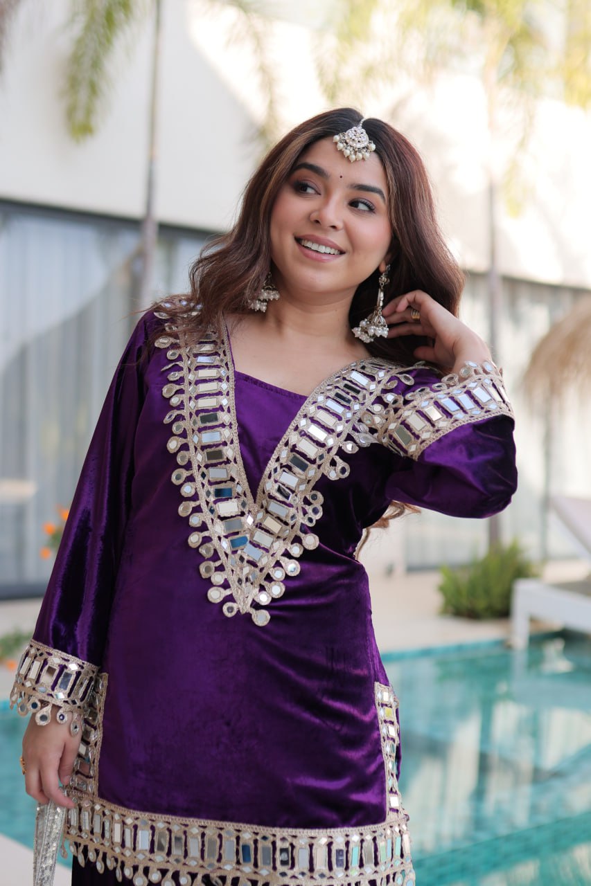 Purple Ice Velvet Zari & Real Mirror Embroidered Kurta Palazzo Set with Bell Sleeves & Matching Batwa – Fully Stitched Festive & Party Wear ClothsVilla