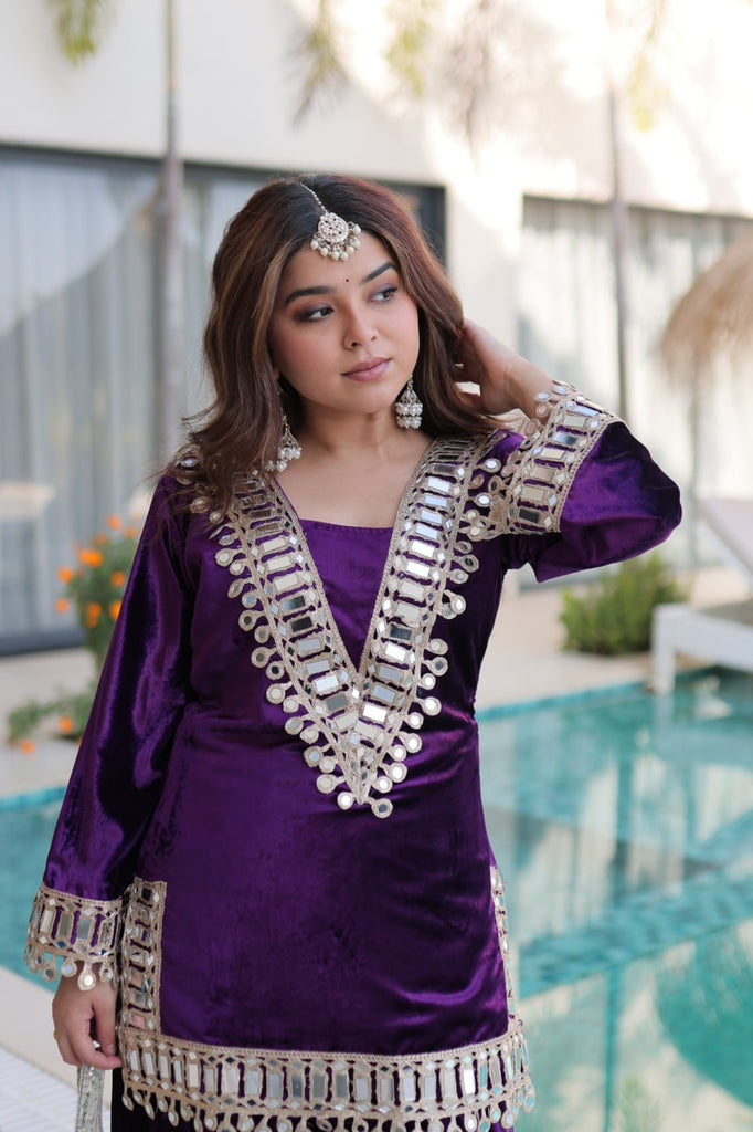 Purple Ice Velvet Zari & Real Mirror Embroidered Kurta Palazzo Set with Bell Sleeves & Matching Batwa – Fully Stitched Festive & Party Wear ClothsVilla