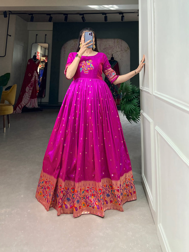 Purple Jacquard Silk Paithani Gown ClothsVilla