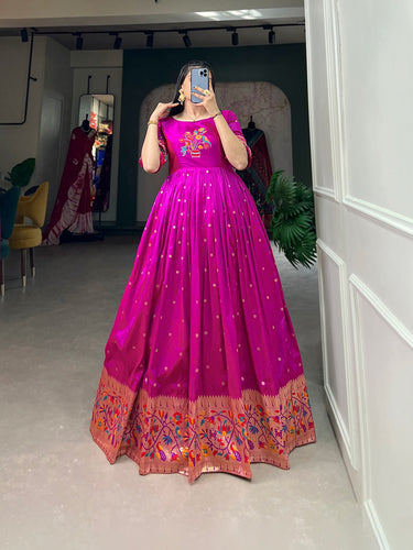 Women's Yellow & Pink Silk Anarkali Gown With Banarsi Dupatta (2Pcs Set) -  Saras The Label | Gowns, Silk gown, Anarkali gown