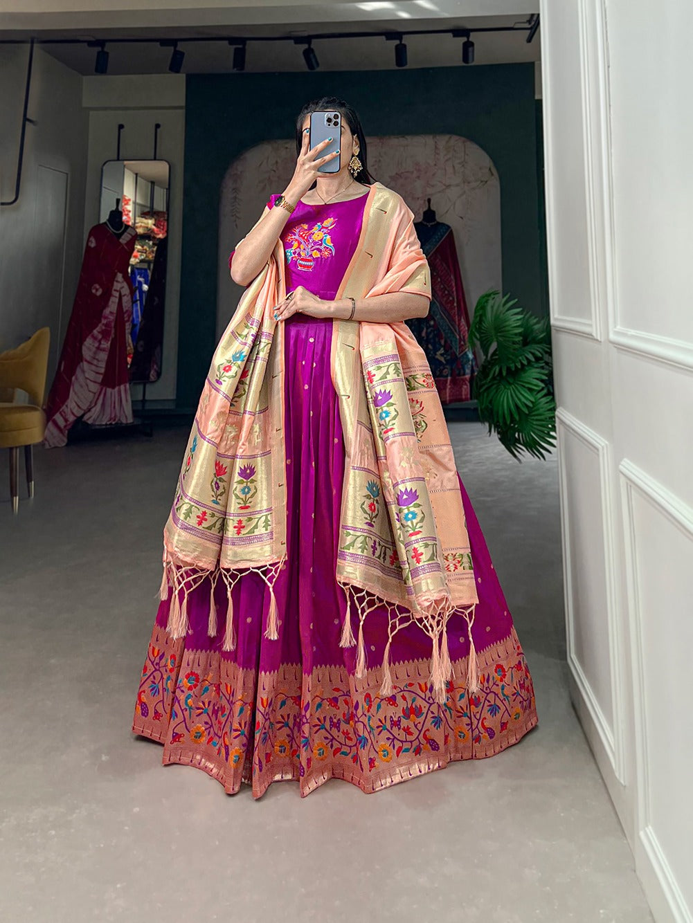 Purple Jacquard Silk Stitched Gown ClothsVilla