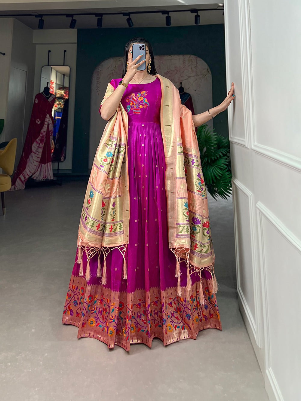 Purple Jacquard Silk Stitched Gown ClothsVilla