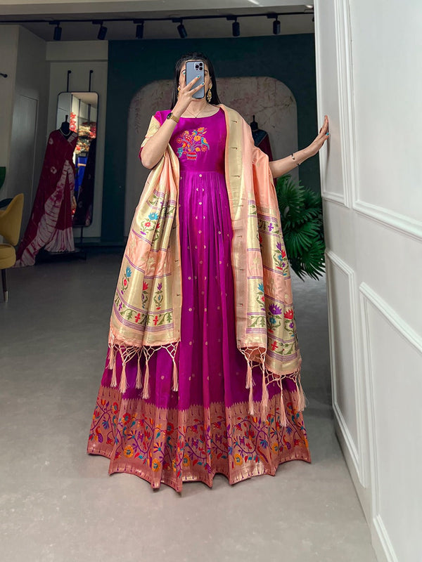 Purple Jacquard Silk Stitched Gown ClothsVilla