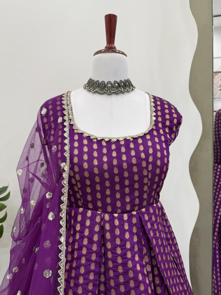 Purple Jacquard Silk Suit Set with Weaving Work & Sequins Dupatta Ready To Wear ClothsVilla