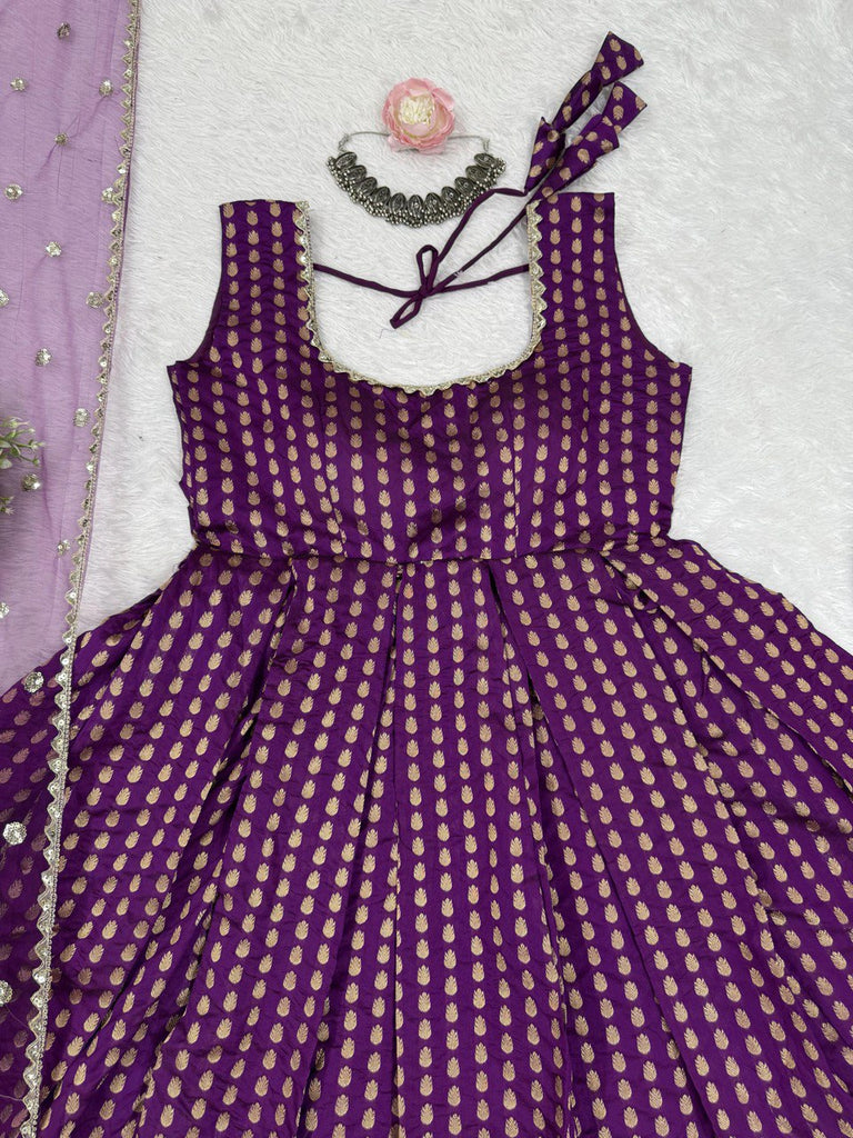 Purple Jacquard Silk Suit Set with Weaving Work & Sequins Dupatta Ready To Wear ClothsVilla