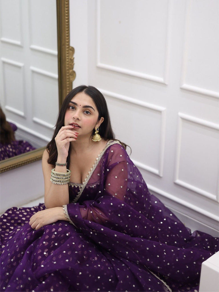 Purple Jacquard Silk Suit Set with Weaving Work & Sequins Dupatta Ready To Wear ClothsVilla