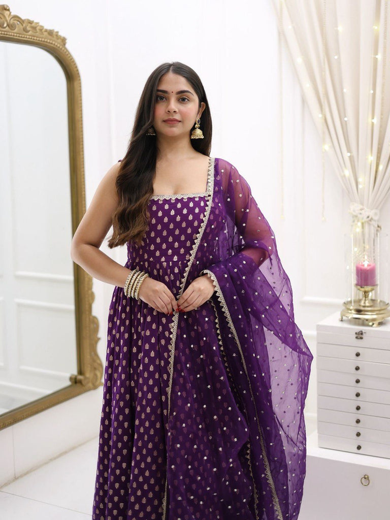 Purple Jacquard Silk Suit Set with Weaving Work & Sequins Dupatta Ready To Wear ClothsVilla