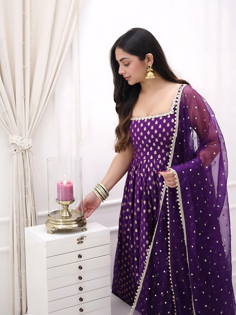 Purple Jacquard Silk Suit Set with Weaving Work & Sequins Dupatta Ready To Wear ClothsVilla