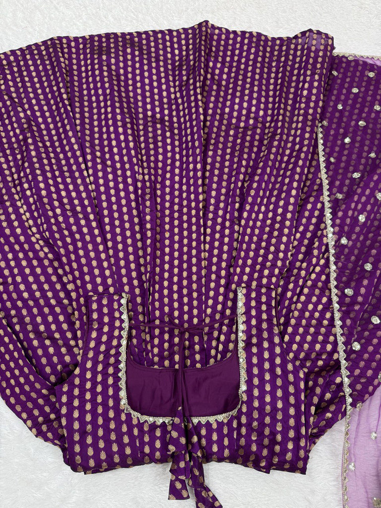 Purple Jacquard Silk Suit Set with Weaving Work & Sequins Dupatta Ready To Wear ClothsVilla