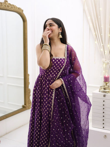 Purple Jacquard Silk Suit Set with Weaving Work & Sequins Dupatta Ready To Wear ClothsVilla