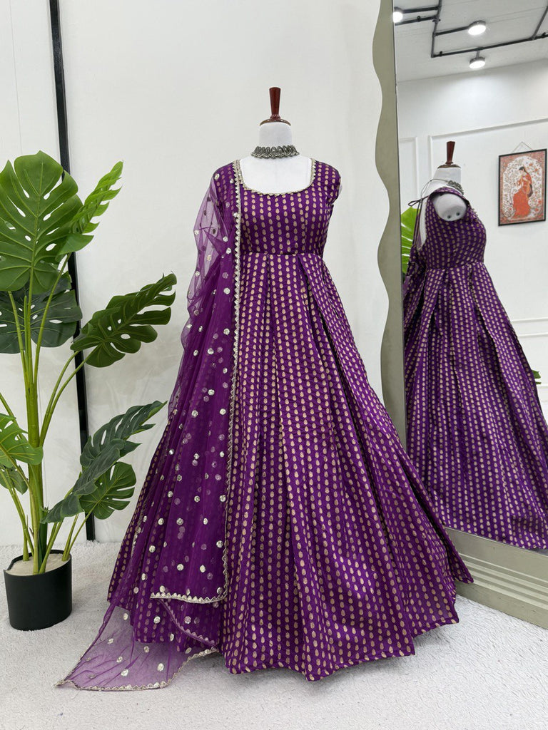 Purple Jacquard Silk Suit Set with Weaving Work & Sequins Dupatta Ready To Wear ClothsVilla