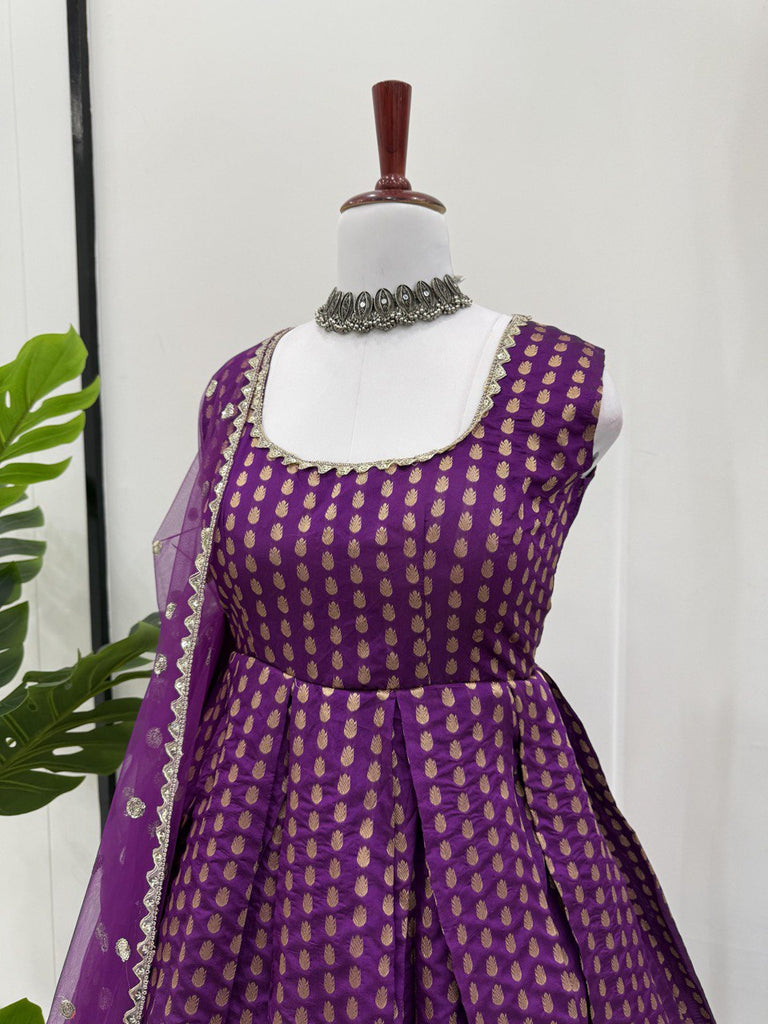 Purple Jacquard Silk Suit Set with Weaving Work & Sequins Dupatta Ready To Wear ClothsVilla