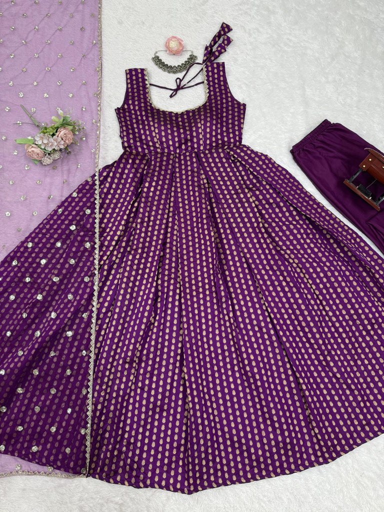 Purple Jacquard Silk Suit Set with Weaving Work & Sequins Dupatta Ready To Wear ClothsVilla