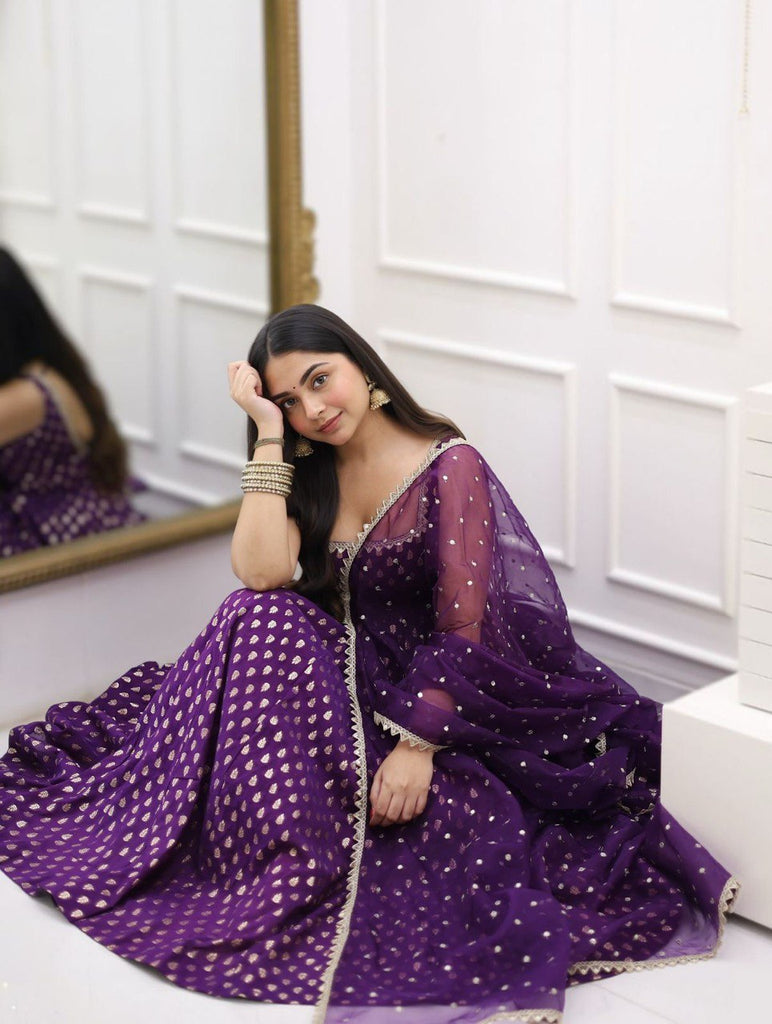 Purple Jacquard Silk Suit Set with Weaving Work & Sequins Dupatta Ready To Wear ClothsVilla