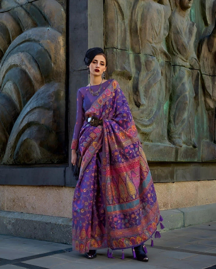 Purple Jamawar Woven Organza Silk Saree – Traditional Elegance with Blouse Piece ClothsVilla