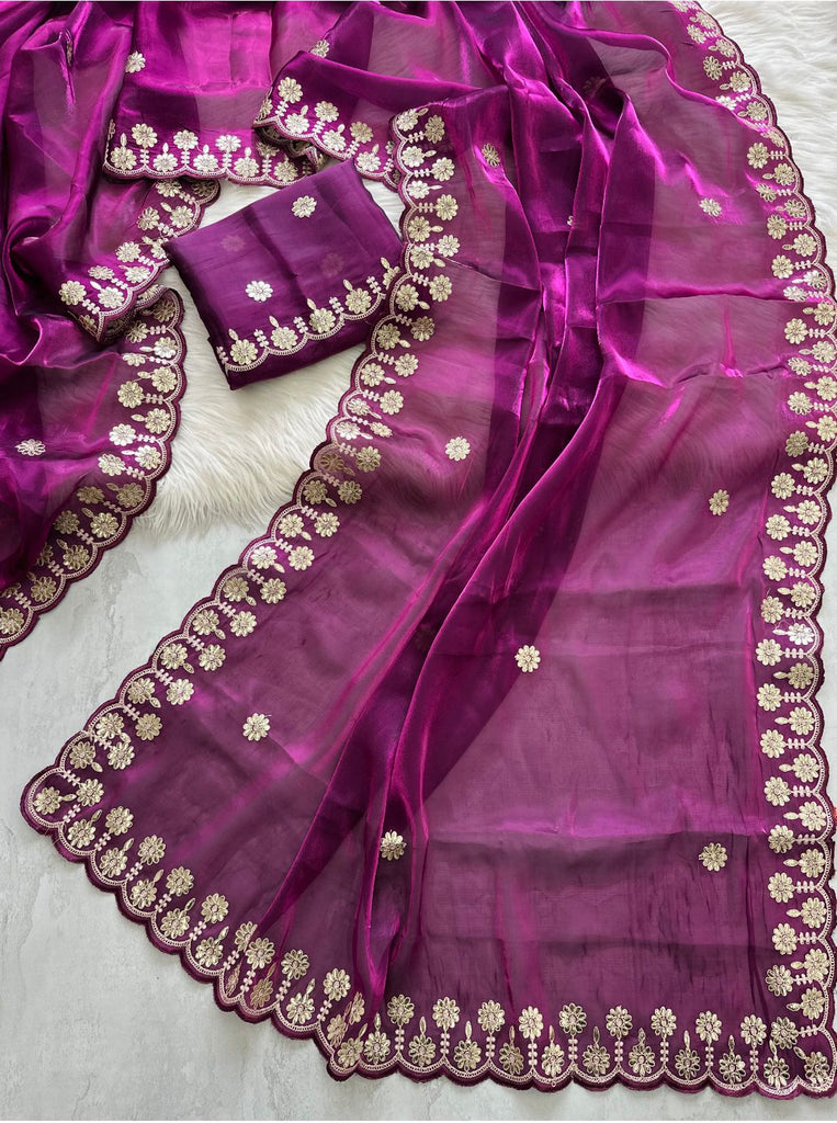 Purple Jimmy Choo Saree with Beautiful Jaipuri Gota Work – Complete with Matching Running Blouse ClothsVilla