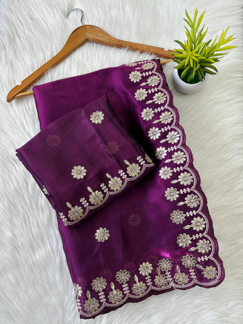 Purple Jimmy Choo Saree with Beautiful Jaipuri Gota Work – Complete with Matching Running Blouse ClothsVilla Main image