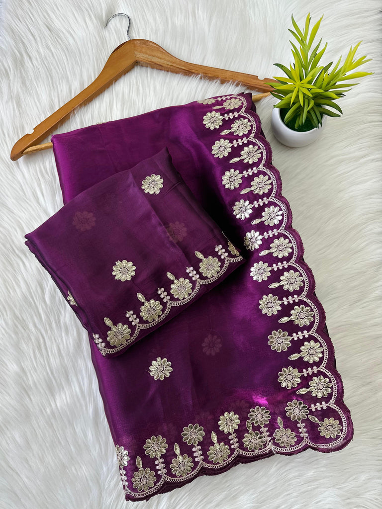 Purple Jimmy Choo Saree with Beautiful Jaipuri Gota Work – Complete with Matching Running Blouse ClothsVilla