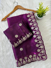 Load image into Gallery viewer, Purple Jimmy Choo Saree with Beautiful Jaipuri Gota Work – Complete with Matching Running Blouse ClothsVilla