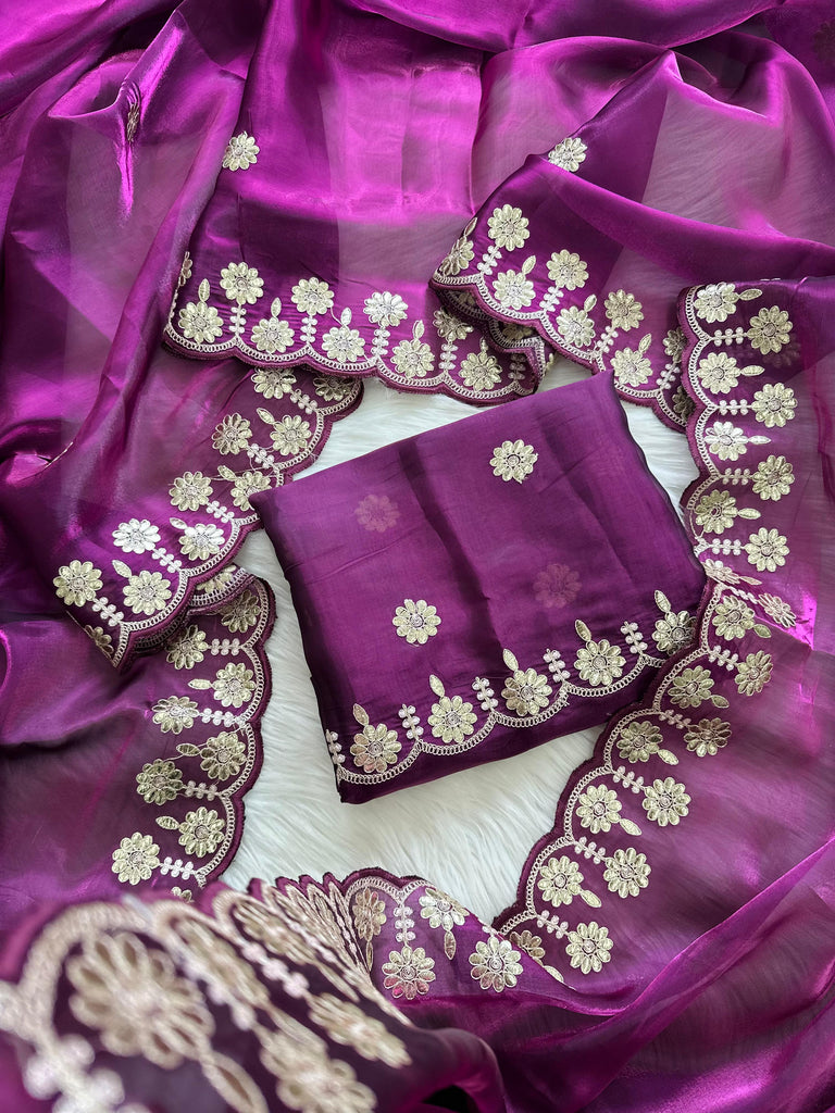 Purple Jimmy Choo Saree with Beautiful Jaipuri Gota Work – Complete with Matching Running Blouse ClothsVilla