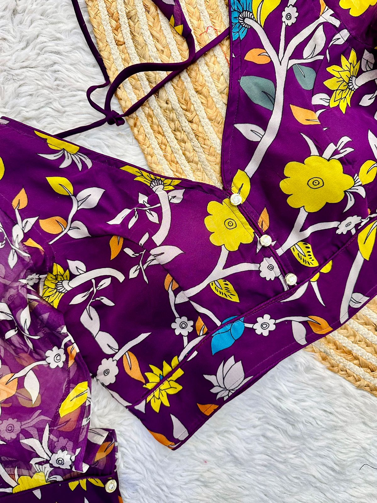 Purple Kalamkari Print Rajbhog Organza Blouse with Elegant Buttons ClothsVilla Main image