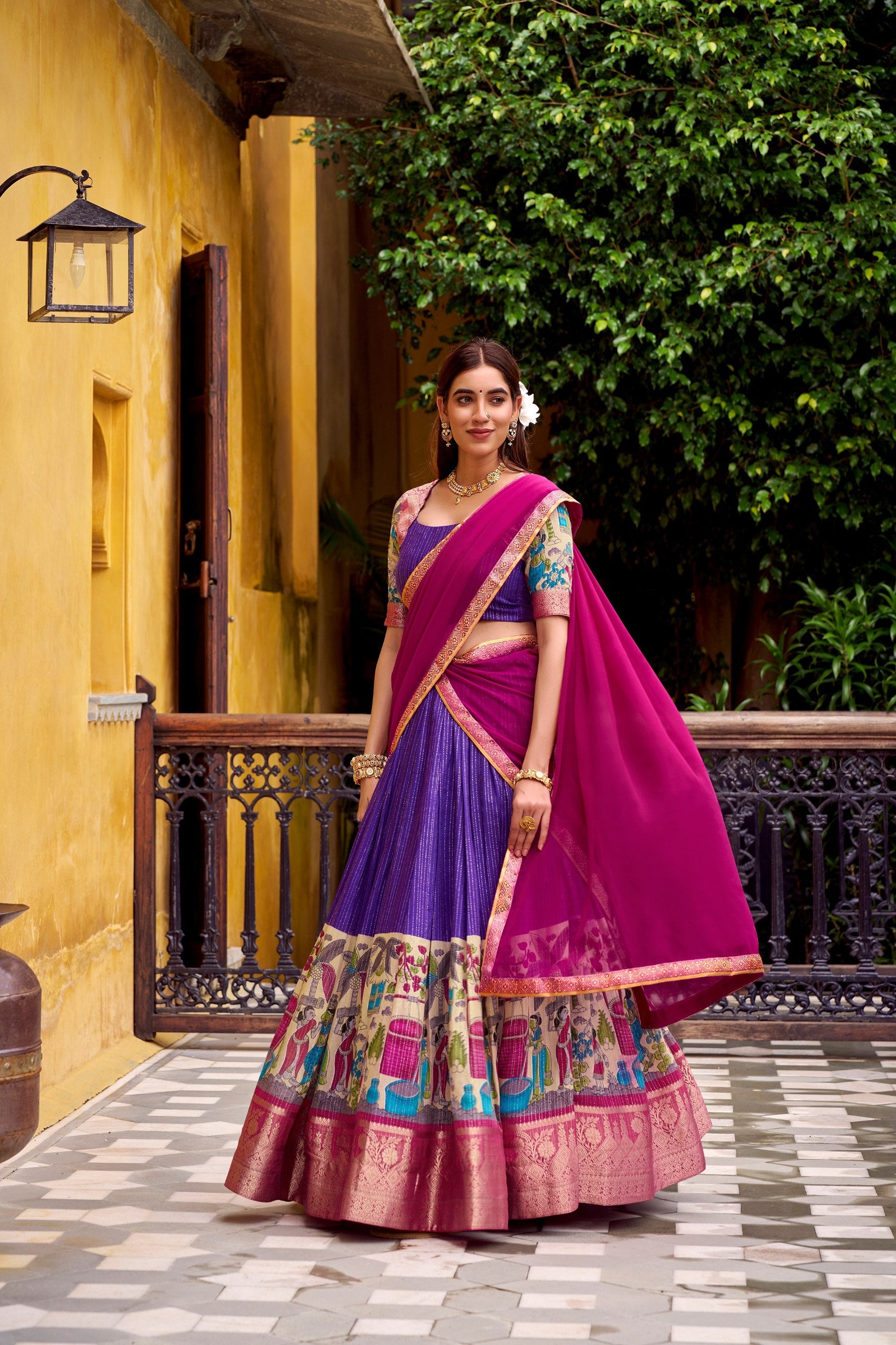Purple Kalamkari Printed Poly Chanderi Lehenga Set with Georgette Dupatta ClothsVilla