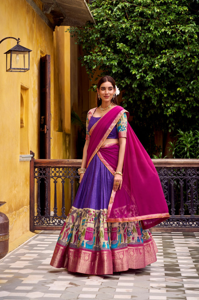 Purple Kalamkari Printed Poly Chanderi Lehenga Set with Georgette Dupatta ClothsVilla
