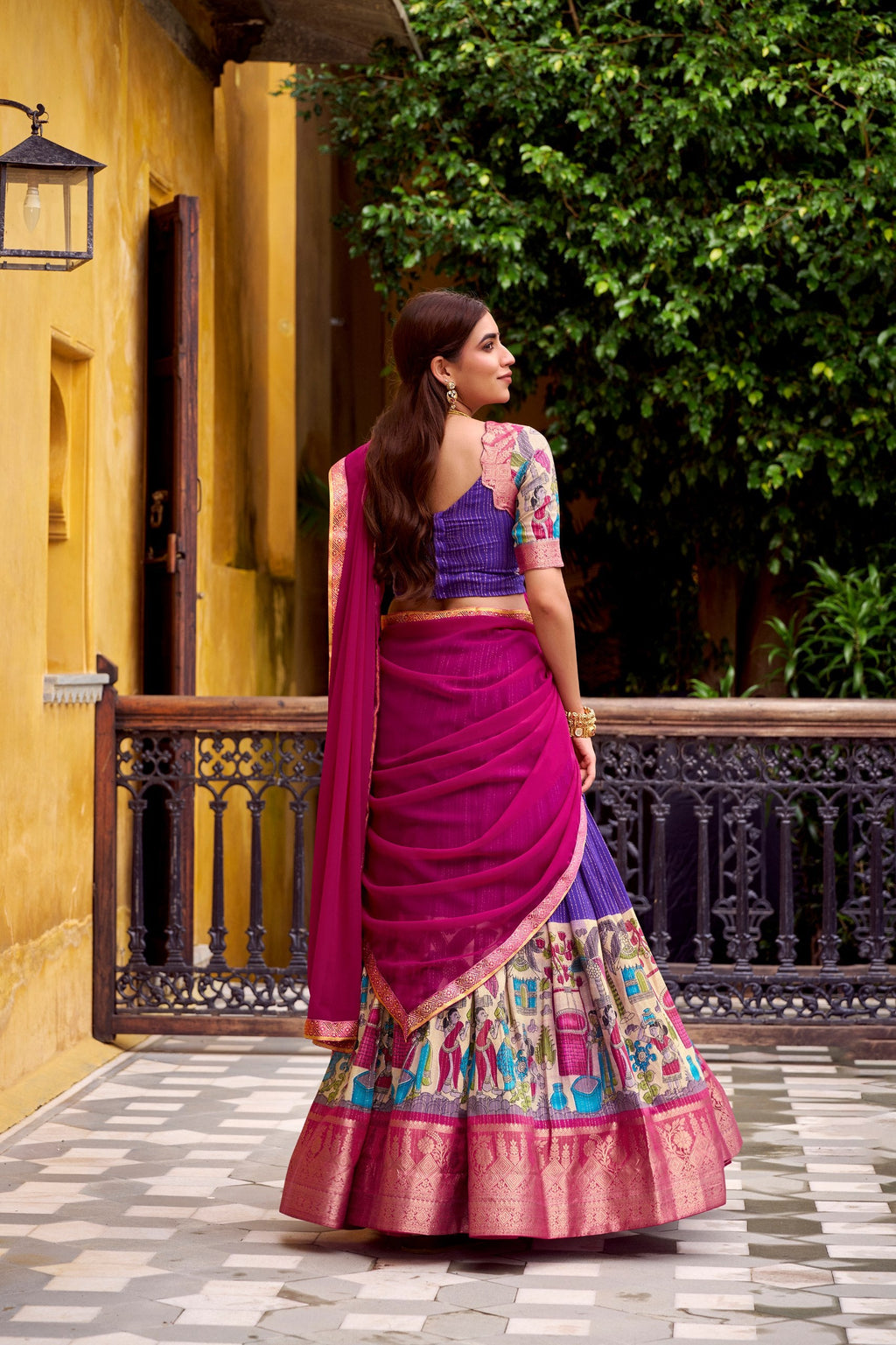 Purple Kalamkari Printed Poly Chanderi Lehenga Set with Georgette Dupatta ClothsVilla