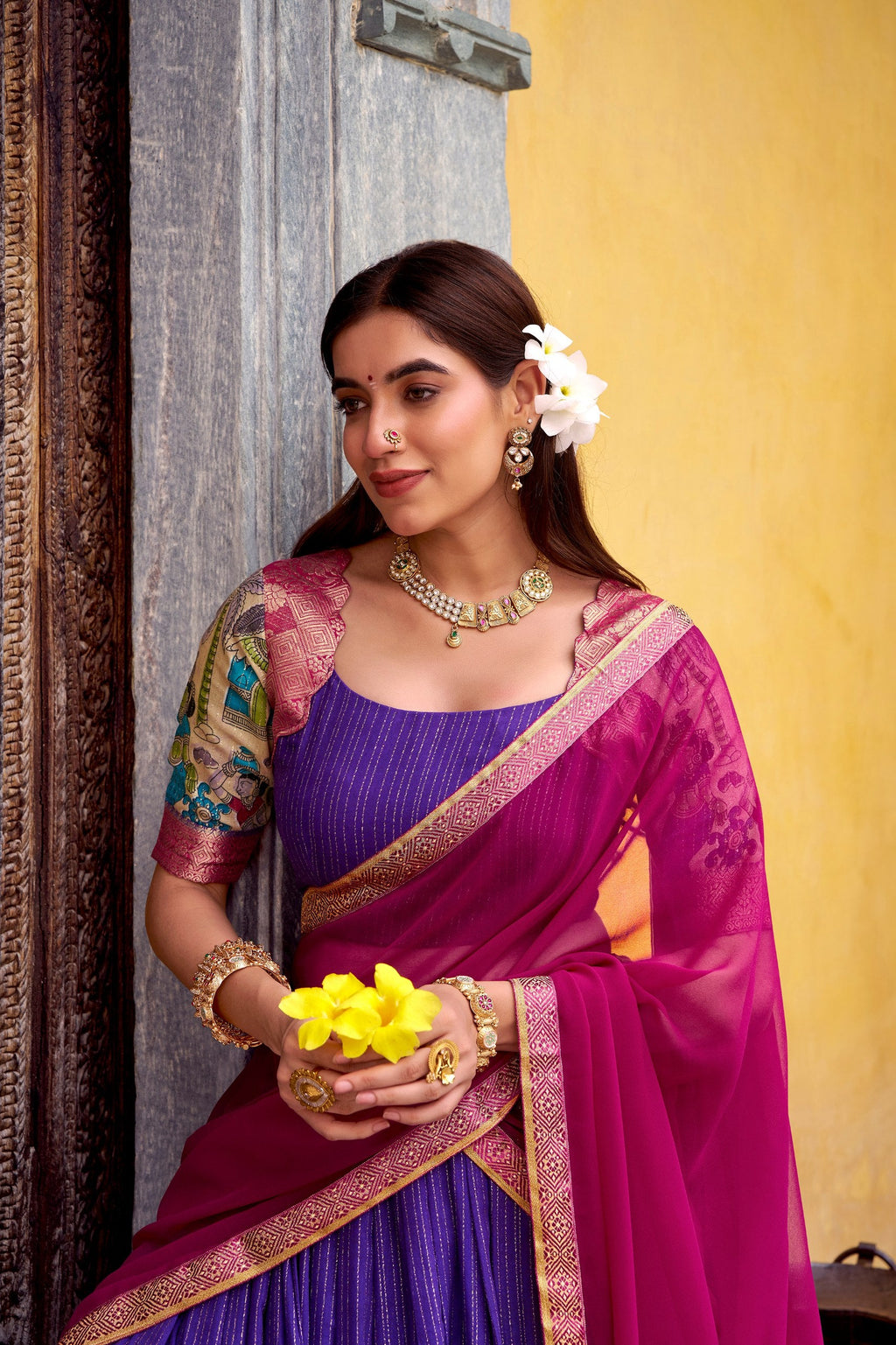 Purple Kalamkari Printed Poly Chanderi Lehenga Set with Georgette Dupatta ClothsVilla
